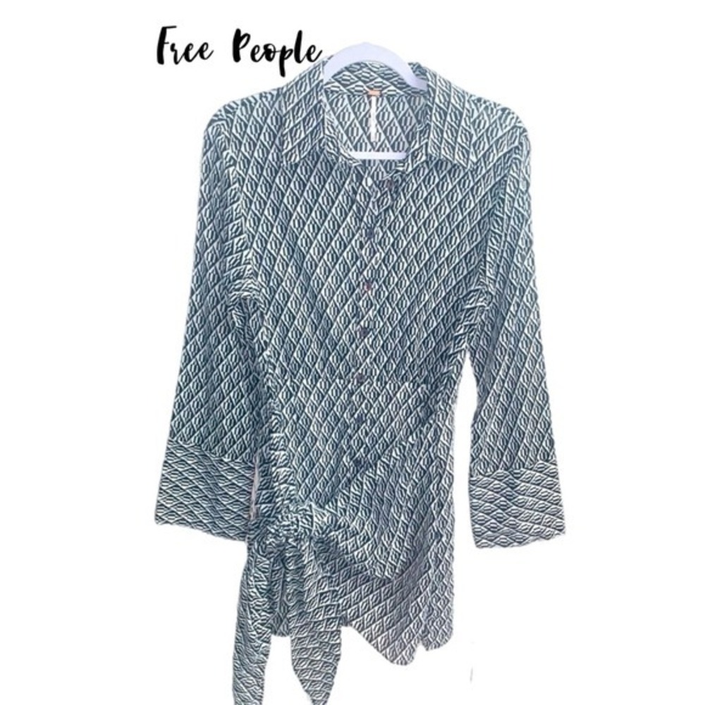 Free People Geometric Boho Faux Wrap Tunic Dress Black White Small
